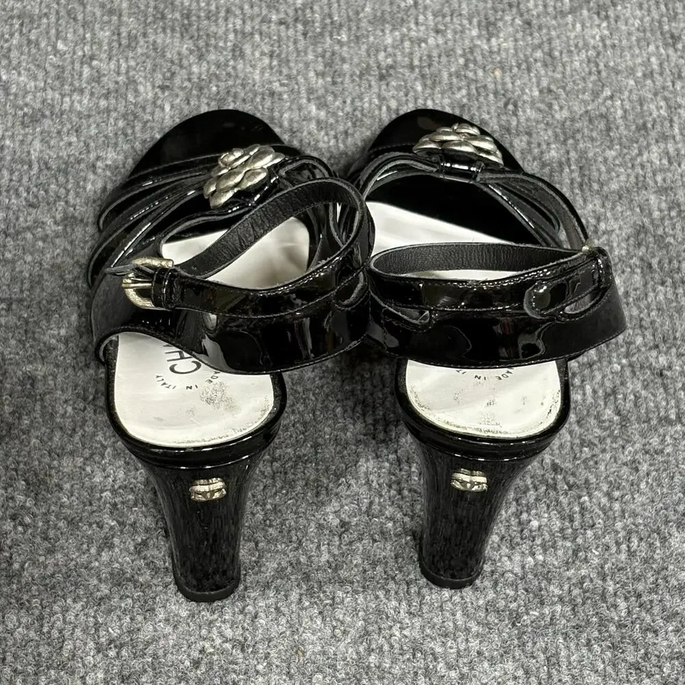 Chanel Sandals Womens 6 36 Black Patent Camellia Flower Logo Italy Heel Strappy